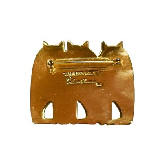 80s Laurel Burch Gold Plate Cloisonne Teal Purple Yellow Siamese Cat Trio Brooch - Picture 2 of 3